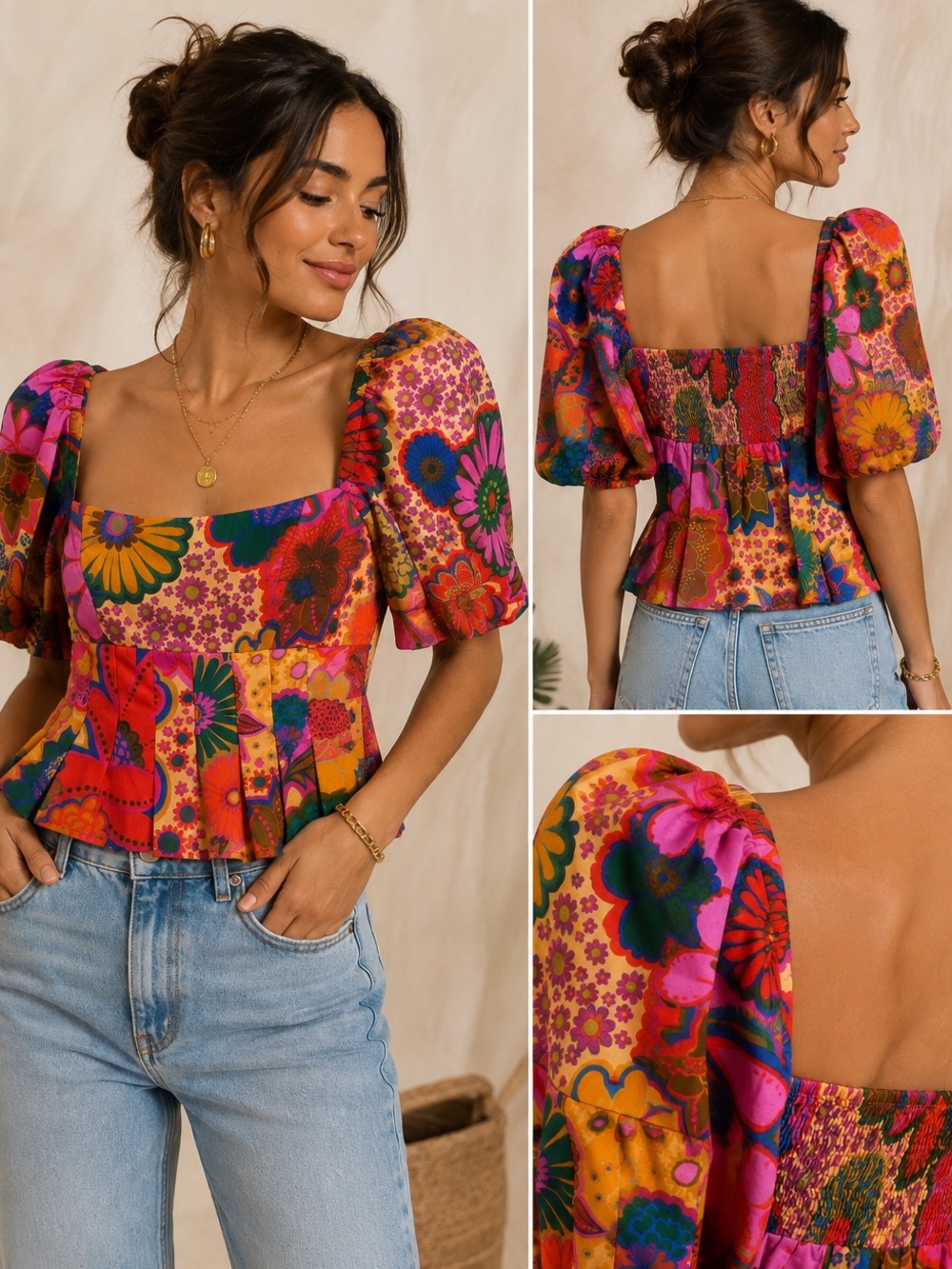 FARM Rio Floral Puff Sleeve Peplum Top Size P Maximalist